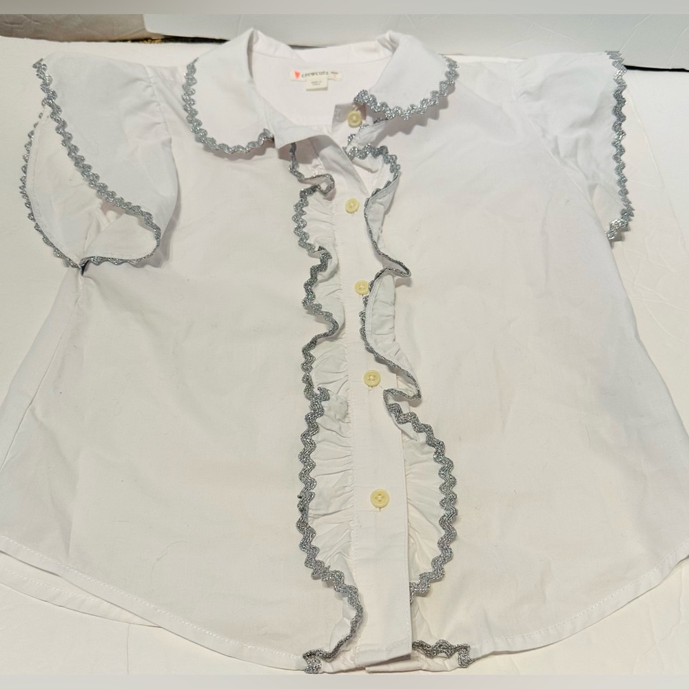 J. Crew Crewcuts White Button Down Blouse w/Silver Ric-Rak Accents Size 7